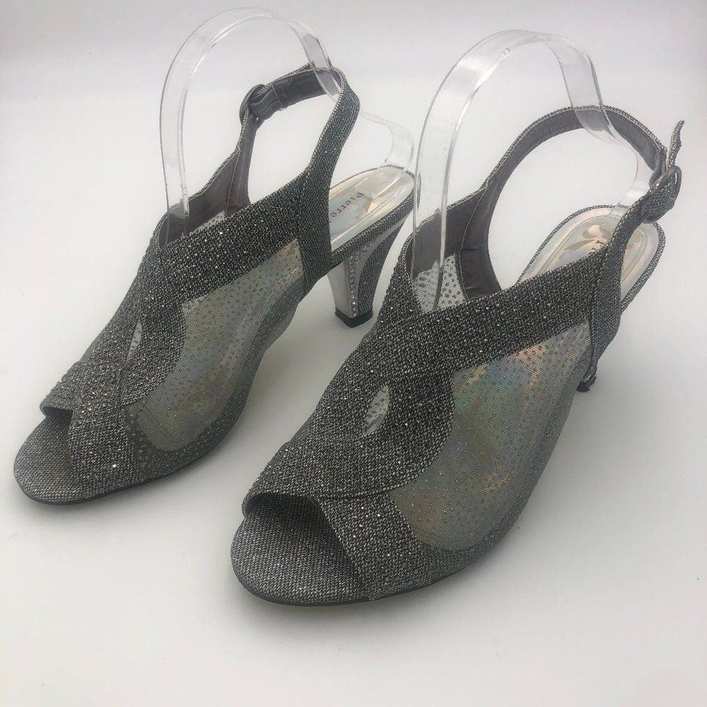 Pierre Dumas Silver Open Toe Rhinestoned Pump Heels, Women's Size 9/EUR 39.5